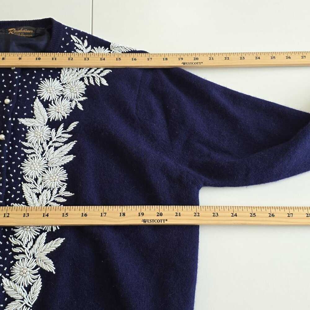 Vtg Embellished Beaded 1960s Cardigan Womens 44 L Blue Lined Floral Art To Wear - Picture 5 of 16